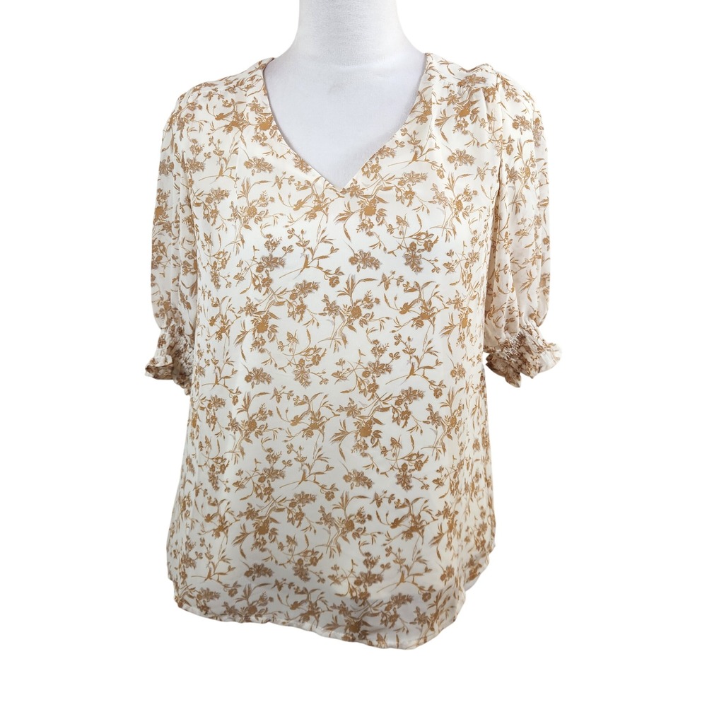 Baltic Born Smocked Sleeve Floral V-Neck Feminine Blouse Cream Tan Womens Small